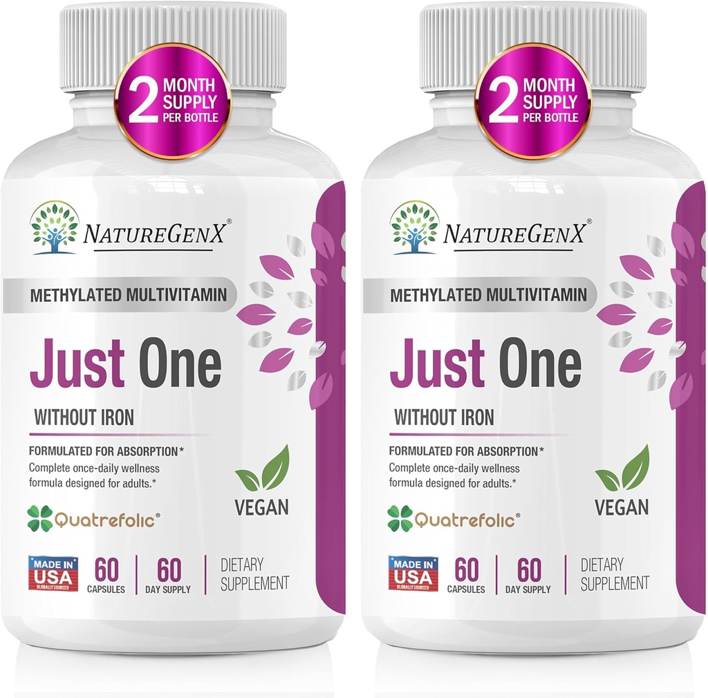 Just One Daily Methylated Multivitamin with Methyl B12, Quatrefolic Methylfolate, Puro MTHFR Suplemento para Hombres y Mujeres Sin Hierro, 2 Botellas (60 Vegan Capsules), USA-Made