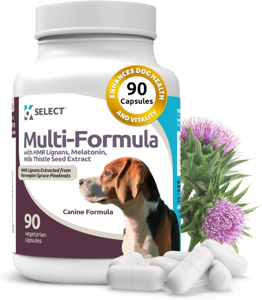 K9 Select Multi-Formula Dog Vitamins for Medium Dogs - 20mg HMR Lignans, 2mg Melatonina, 40mg Milk Thistle - Helps Heart, Liver, Digestion & Coat Health, Dog Multivitamin, 90 Capsules