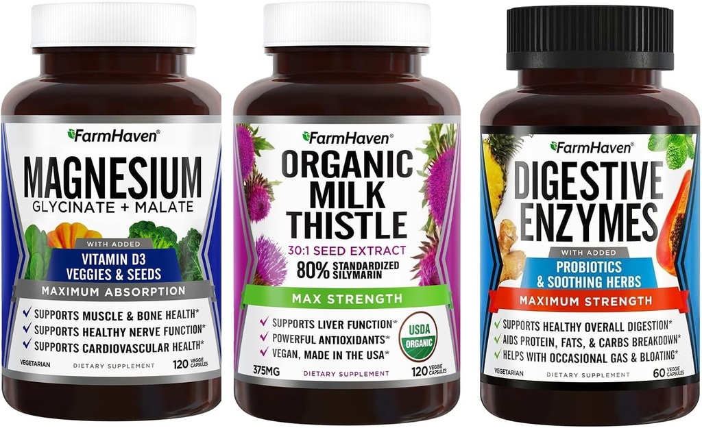 FarmHaven Magnesium Glycinate " Malate + Leche Thistle + Enzimas digestivas con probióticos