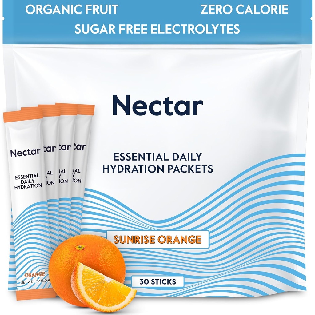 Embalajes de hidratación Nectar - Empaquetaduras de pólvora de electrolitos - Sin azúcar o calorías - Frutas orgánicas Liquid Daily IV Paquetes de hidratación para alivio de la deshidratación y rehidratación rápida (Orange 30 Pack)