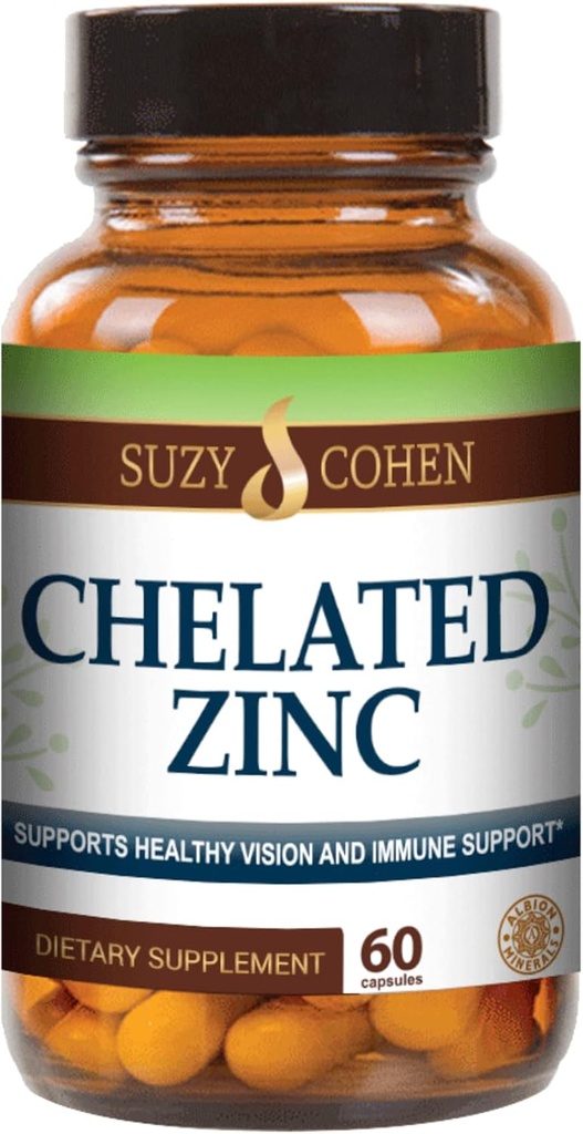 Suzy Cohen Chelated Zinc Suplementos - 60 Capsules Gentle on The Stomach - Zinc es para el crecimiento de células sanas y la formación de ADN - Apoyos Función de inmunodeficiencia saludable y la salud de la piel