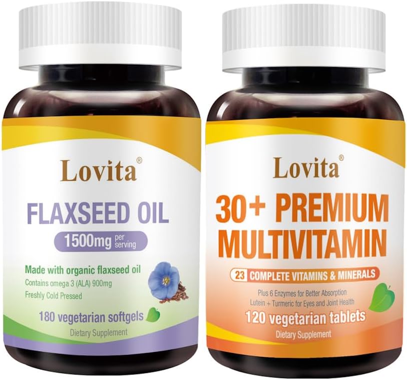 Lovita Cold-Presed Flaxseed Oil & Premium Multivitamin for Adults 30+ Nutrients Bundle (Vegetariano)