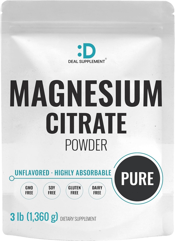 DEAL SUPLEMENTO Pólvora de citrato de magnesio 500mg, 3lbs – Desflavorado, fácilmente absorbido – Mineral de traza purificada para el musculo, el corazón, " Apoyo digestivo - Uno al día, No GMO, Filler Gratis