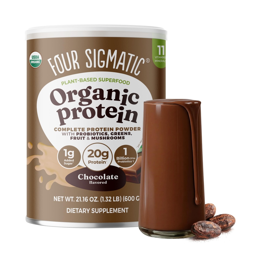 Four Sigmatic Organic Plant-Based Protein Powder | Clean Vegan Protein Elevated with Lion’s Mane, Chaga, Cordyceps and More for Brain Function and Immune Support | Creamy Cacao, 21.16 oz