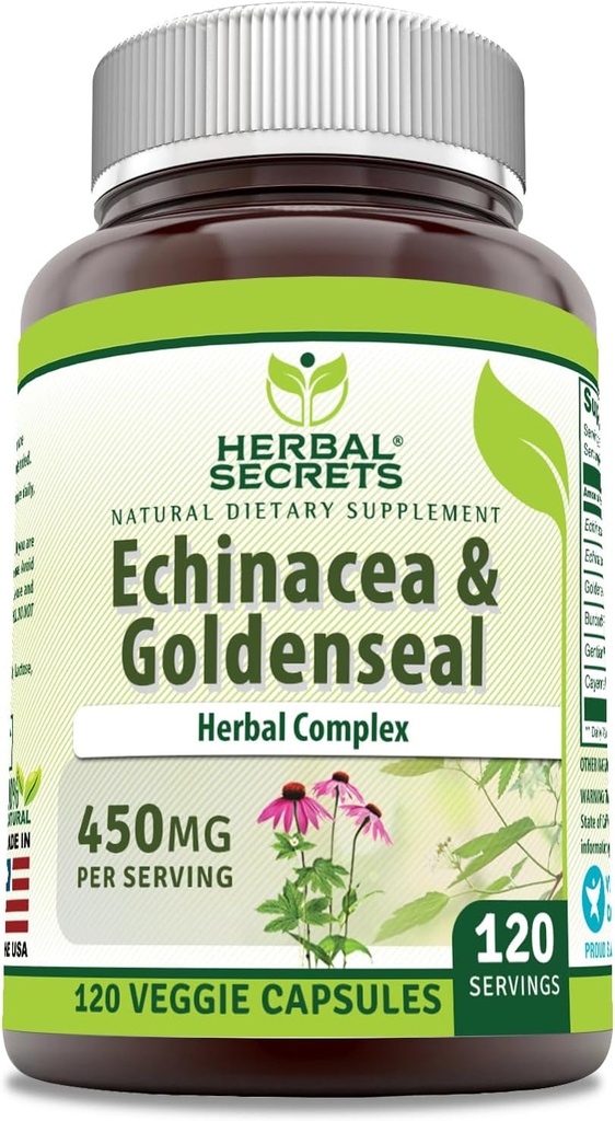 Herbal Secrets Echinacea & Goldenseal Root Suplemento Silencio 450 Mg Por Serving ¦ Veggie Capsules ← Non-GMO ← Gluten-Free ← Made in USA (120 Conde)