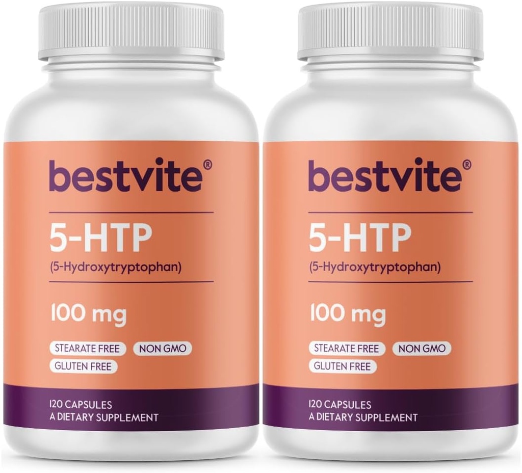BESTVITE 5-HTP 100mg (240 cápsulas) (120 x 2) - No Stearates - No agentes de flujo - No GMO - Gluten Free