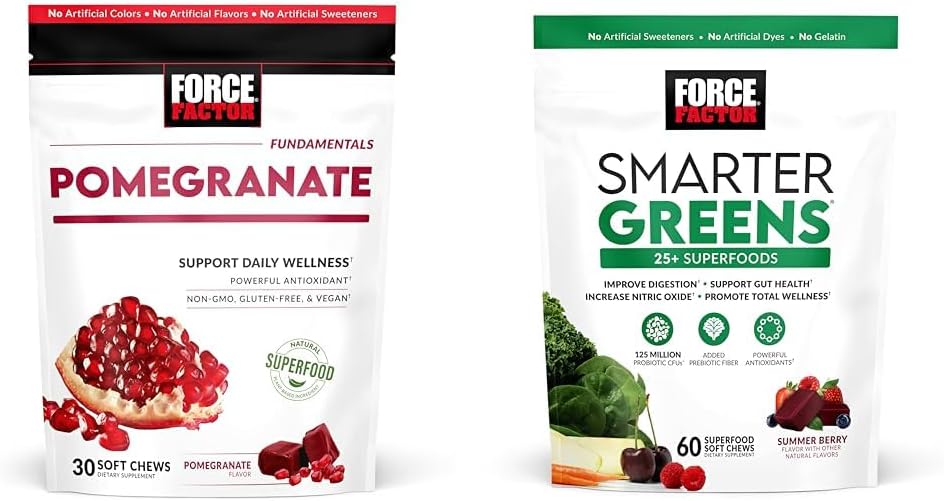 Factor de fuerza Pomegranate Soft Chews for Healthy Aging & Smarter Greens Superfood Chews with 25+ Superfoods, Probiotics & Prebiotic Fiber, 60 Soft Chews