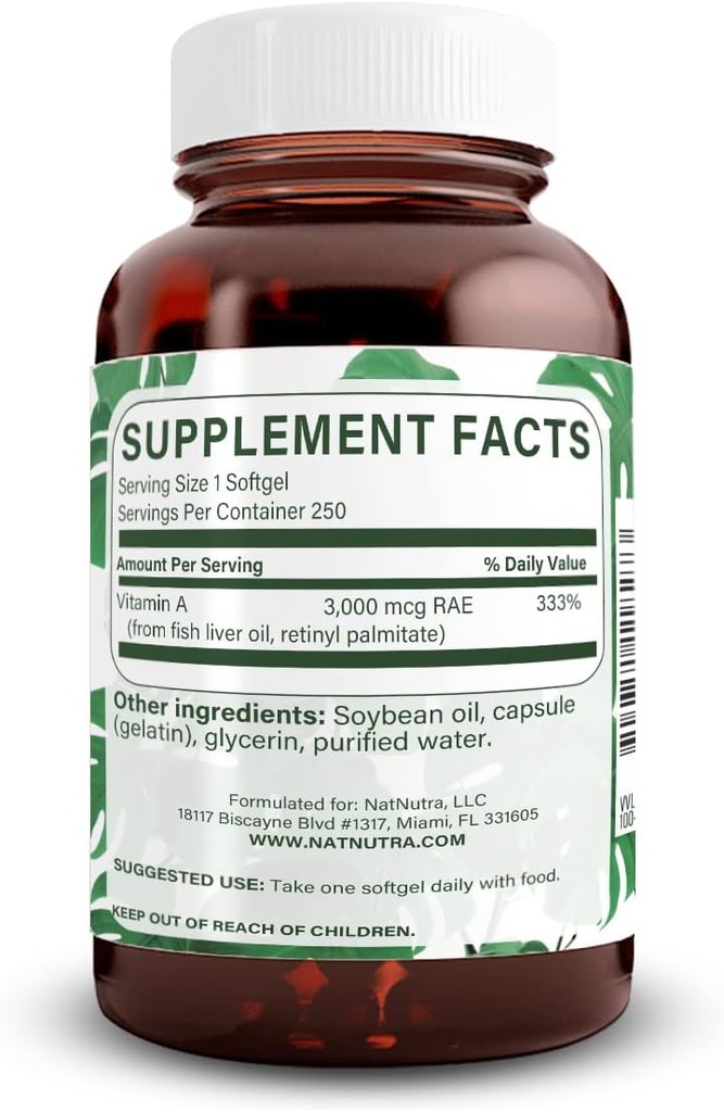 Vitamina Nutra Natural A 10,000 IU Softgels – High Potency Eye and Skin Vitamins – Gluten-Free - Suplemento para la salud de la piel – Fish Liver Oil for Men and Women, Gluten Free 250 Softgels (2 Pack)