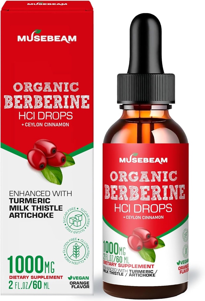 Bereberina orgánica HCl 1000mg gotas líquidas - con Ceylán Cinnamon Turmeric Milk Thistle Artichoke - Alta Biodisponibilidad Suplemento para hombres mujeres - azucar vegano gratis 2fl. oz (60ml)