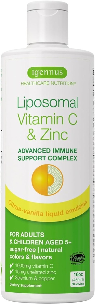 High Absorption Liposomal Vitamin C 1000mg & Zinc Bisglycinate, 30-90 Servings, Liquid Immune Support for Adults & Kids 5+, Non-GMO, Sugar-Free, Citrus & Vanilla Flavor, by Igennus
