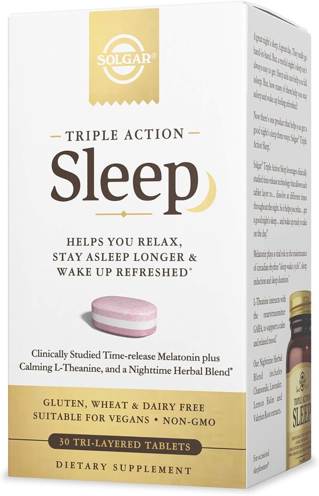Solgar Triple Action Sleep, 30 Tri-Layer Tablets - Time-Release Melatonin & L-Theanine Plus Herbal Blend - Ayuda a relajarse, Fall Asleep Fast & Stay Asleep Longer - Non-GMO, Gluten Free - 30 Servings