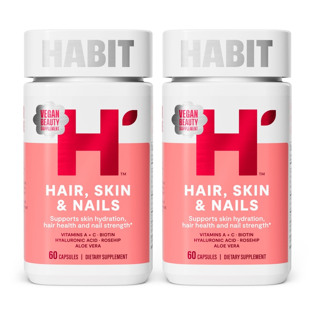 Habit Hair, Skin & Nails Supplement 2 Pack (120 Capsules) - New Look, Supports Skin Hydration, Hair & Nail Strength, Biotin 2000mcg, Vitamina A &amp; C, Hyaluronic Acid, Rosehip, Vegan, Non-GMO