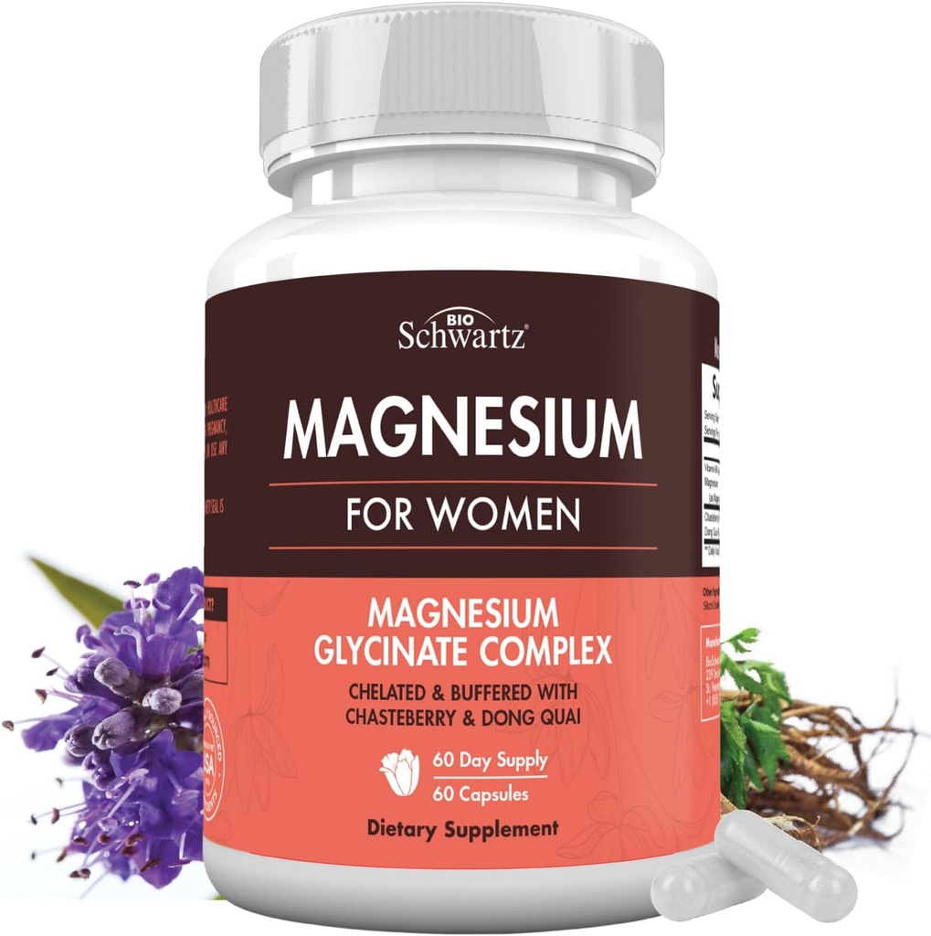Suplemento Bisglycinate de 4-en-1 Magnesio para Mujeres - Complejo de Magnesio con Chasteberry, Dong Quai & Vitamina B6 para el alivio de estrés, mejor sueño, nervios, bonificación &amp; musculo Soporte - 60 cápsulas
