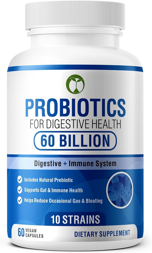 Probióticos para la salud digestiva 60 cápsulas ← 60 billón CFU Científicamente Formulado Multi Strain Probiótico Blend tención Suplementos orgánicos con prebióticos para hombres y mujeres (60 probióticos de billón)