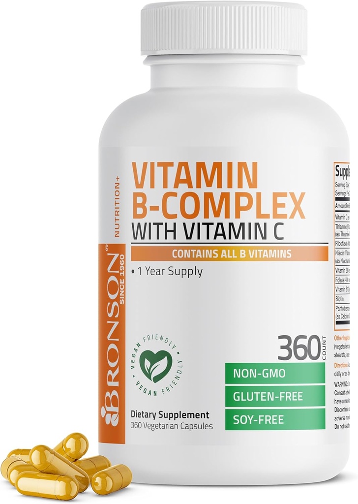 Complejo Bronson Vitamina B con Vitamina C - Salud Inmune, Apoyo Energético & Nervous System Support - Non-GMO, 360 cápsulas vegetarianas