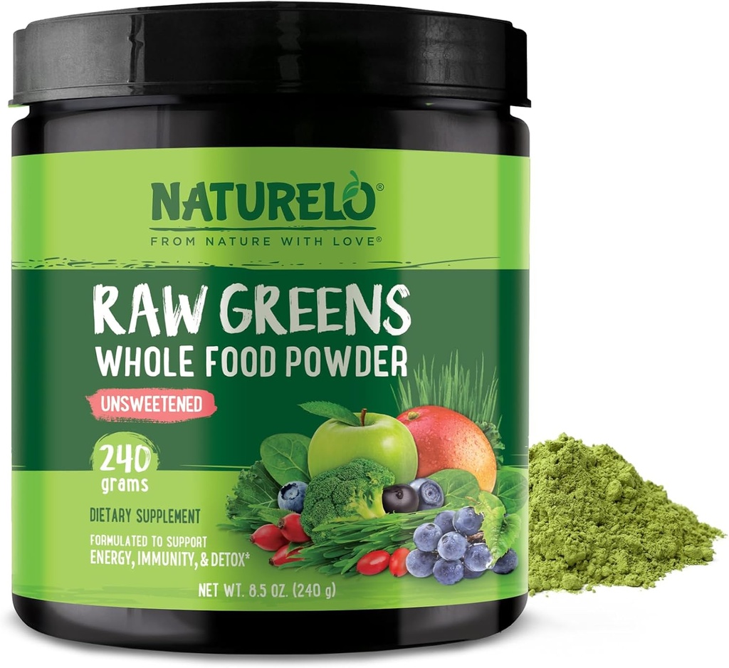NATURELO Raw Greens Superfood Powder - Unsweetened - Boost Energy, Detox, Enhance Health - Organic Spirulina - Grasa de Trigo - Nutrición Alimentaria entera de Frutas & Verduras - 240 gramos