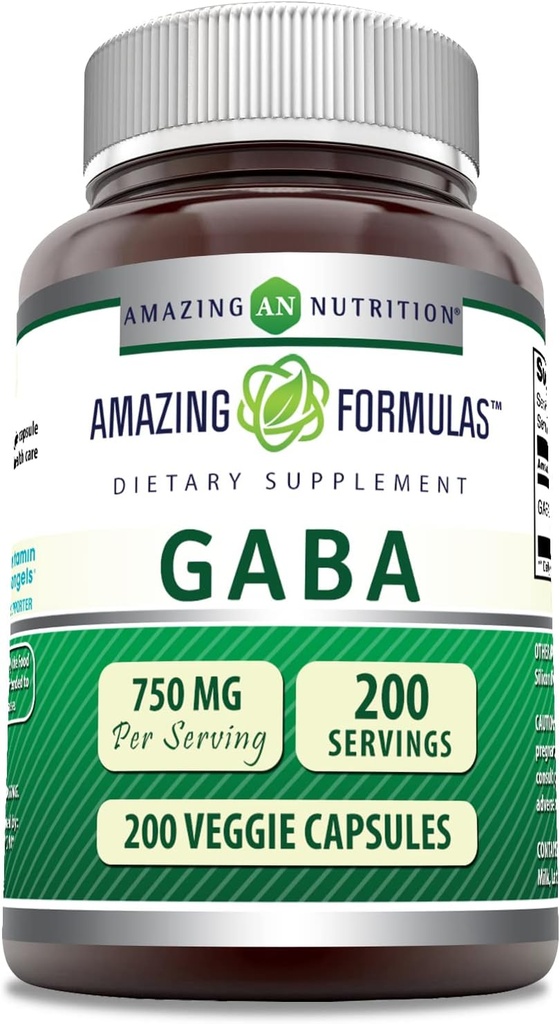 Fórmulas increíbles GABA 750mg Por Serving Veggie Capsules Suplemento ← Non-GMO Silencio Gluten Libre Silencio Hecho en EE.UU. habit Ideal para Vegetarianos (200 Conde)
