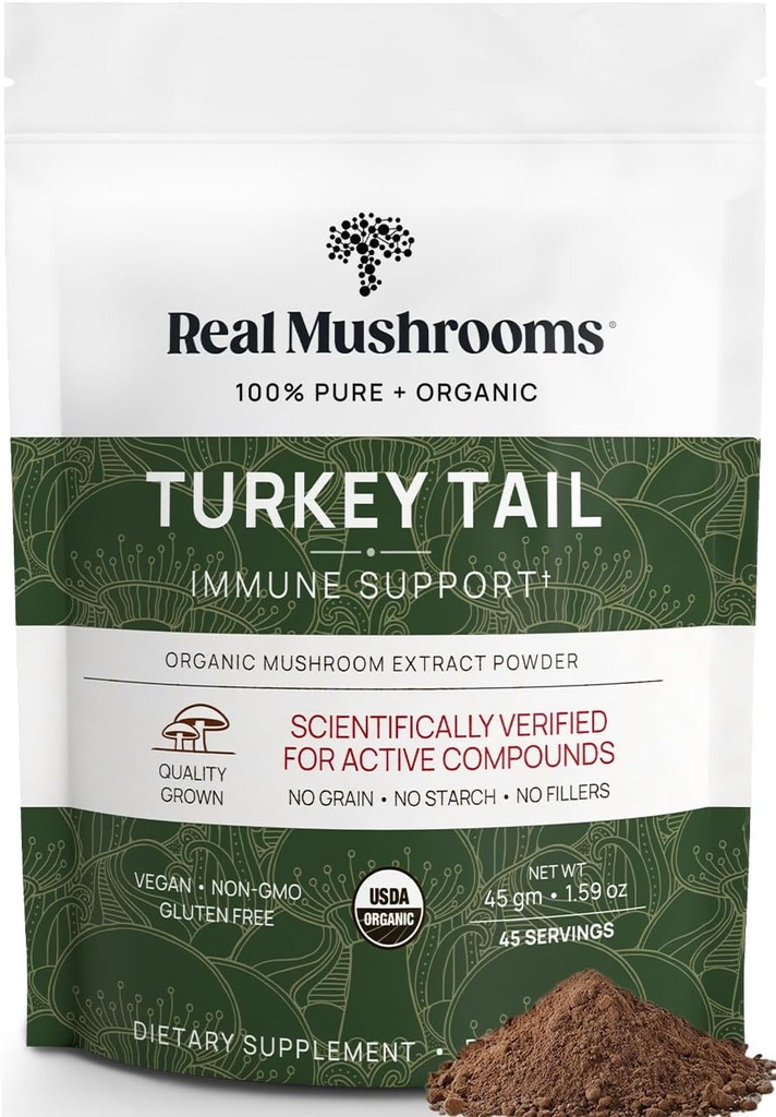 Setas reales Turquía Tail Mushroom Powder - Extracto orgánico de hongos para el bienestar diario Gut Harmony, " Energy Support with Beta Glucans – Vegan, Non-GMO, 45 Servings Functional Supplement