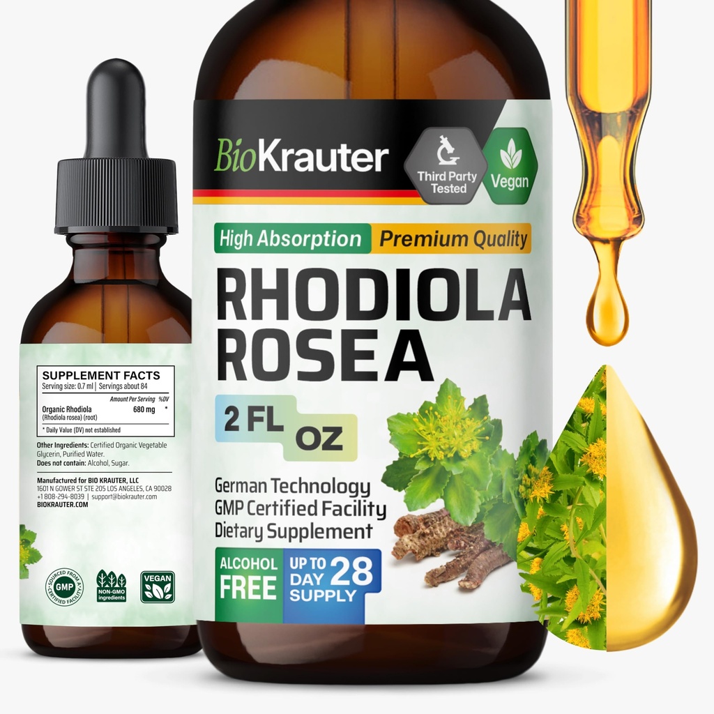 BIO KRAUTER® Rhodiola Rosea for Calm & Sleep Support - Vegan Rhodiola Rosea Supplement for Mood Support - Natural Calm Drops for Relaxation, 2 Fl.Oz 28-Day Supply, Alcohol & Sugar Free