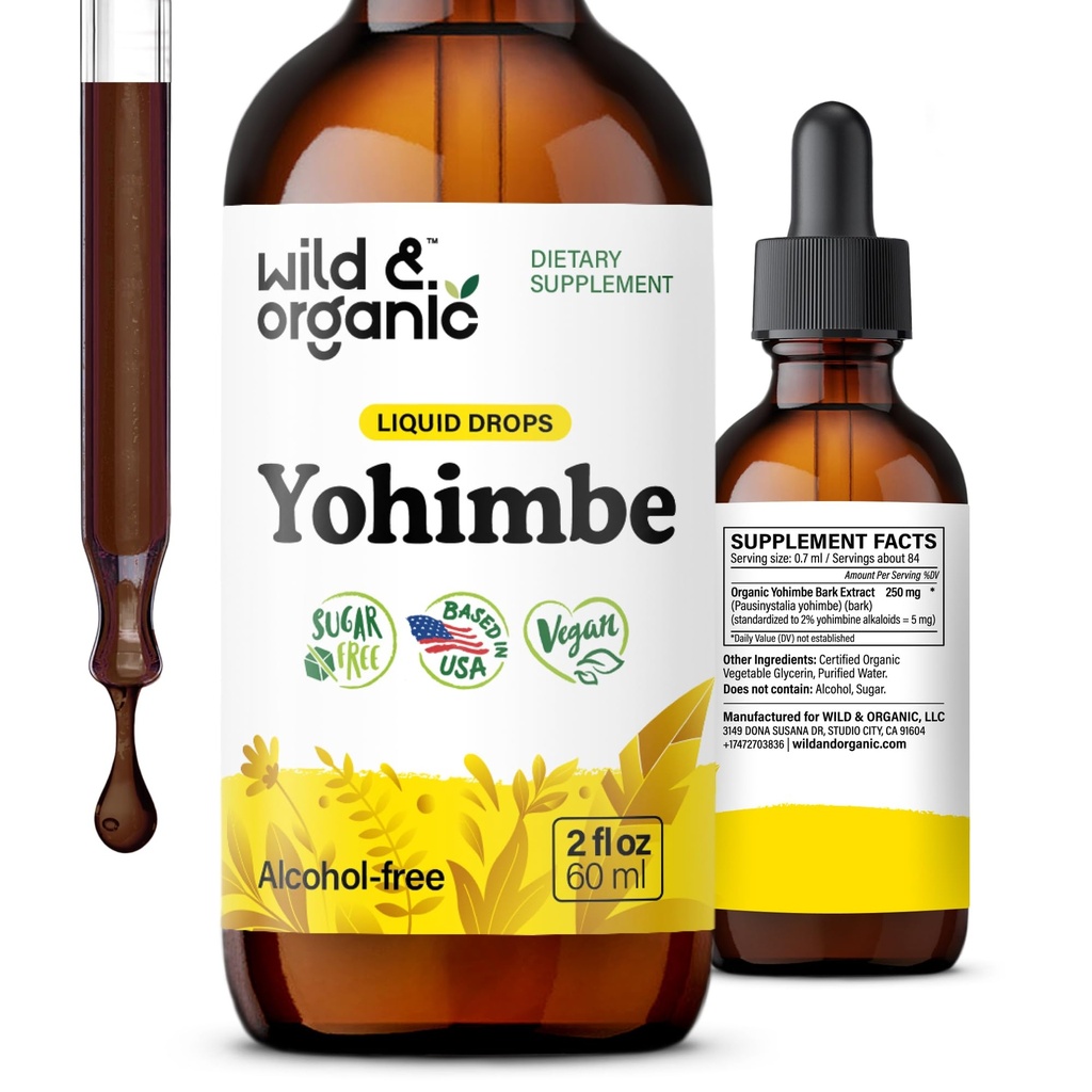 Suplementos de Yohimbe salvajes y orgánicos para hombres y mujeres - 5 mg Yohimbine Liquid Extract Drops - Pausinystalia Yohimbe Bark Tincture - Vegan, Alcohol-Free - 2 fl oz