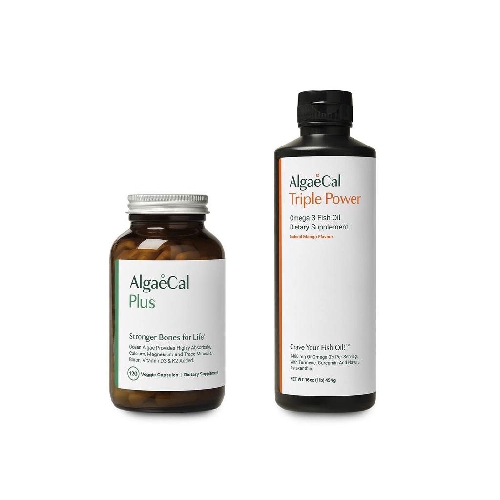 AlgaeCal Bundle - All Natural Calcium Supplement VIT D3 & K2, Magnesium, Boron and Trace Minerals & Triple Power Omega-3 Fish Oil Natural Liquid Emulsion with EPA DHA Curcumin, Astaxanthin