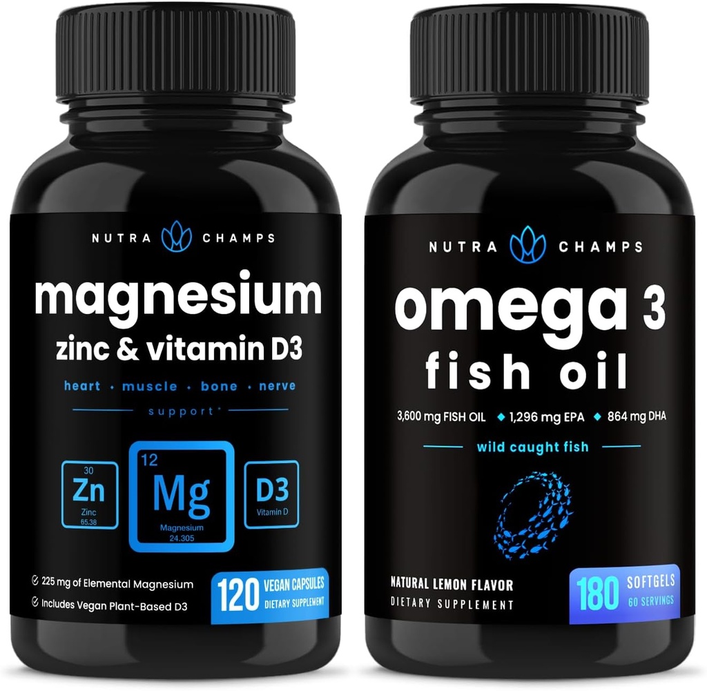NutraChamps Magnesium Zinc & Vitamina D3 cápsulas y Omega 3 cápsulas de aceite de pescado 2 Pack Bundle