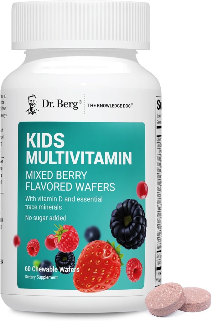 Dr. Berg Kids Chewable Multivitamins (NOTened Sweet w/Sugar) - Daily Multivitamin for Kids That Incluye 20 Nutrients & Trace Mineral Complex - Mixed Berry Chewable Vitamins for Kid - Red Wafers