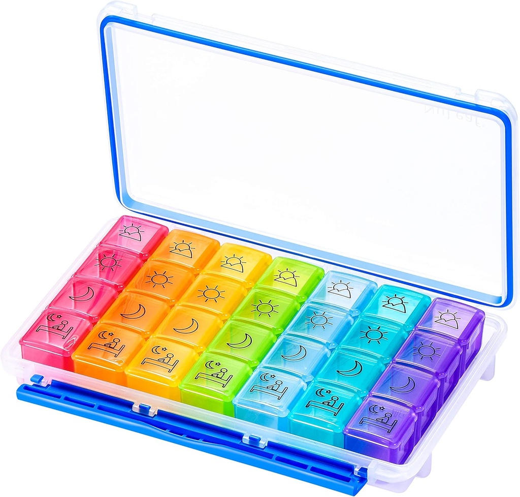 NuLeaf Pill Organizer 4 veces al día, grandes combinaciones portátiles 7 días 4 veces al día Organizador de píldoras de viaje con diseño de humedad para mantener vitaminas, suplementos y medicamentos
