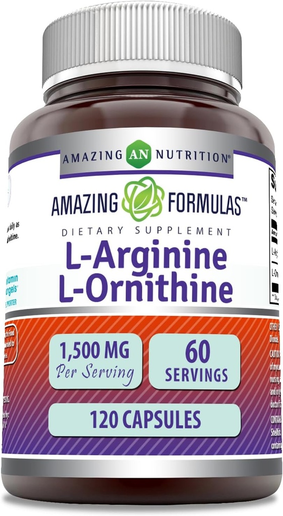 Fórmulas increíbles L-Arginina/L-Ornithine 1500 Mg Por Serving, Capsules  durable Non-GMO ¦ Gluten Free ← Amino Acid Supplement (120 Count)