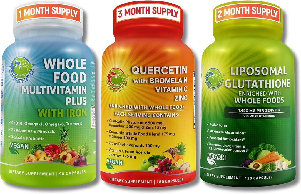 Immune & Whole Body Wellness Bundle – Quercetin with Bromelain + Whole Food Multivitamin with Iron + Liposomal Glutathione 500mg – Antioxidante, respiratorio & Immune Support – Vegan, Non-GMO