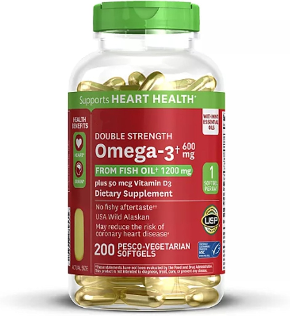 600mg Omega-3 de aceite de pescado con 50 mcg vitamina D3 (200 ct.) - Apoya la salud cardíaca