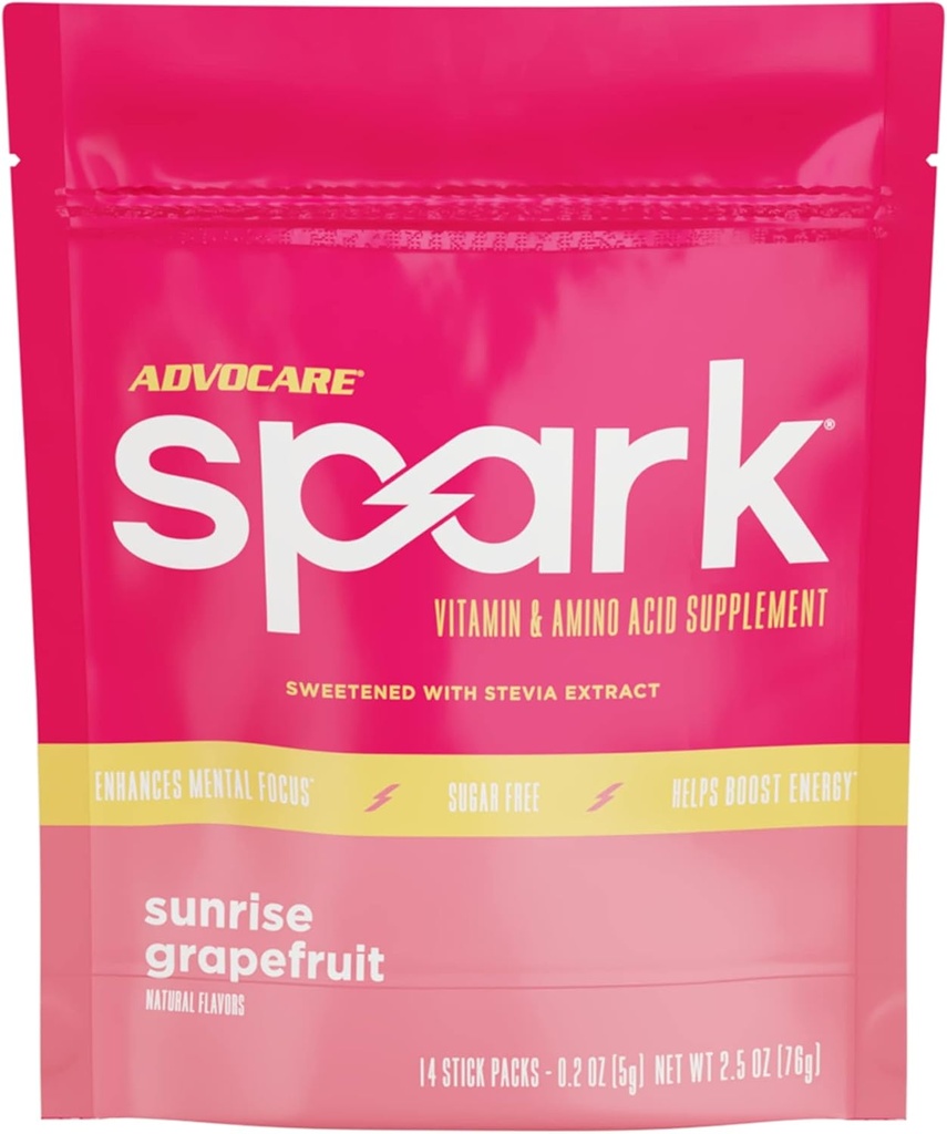 AdvoCare Spark Vitamina & Aminoácidos Suplemento - Foco sin azúcar & bebida energética Polvo con vitaminas A, C, E & B-12 - Sunrise Grapefruit, 14 Stick Packs