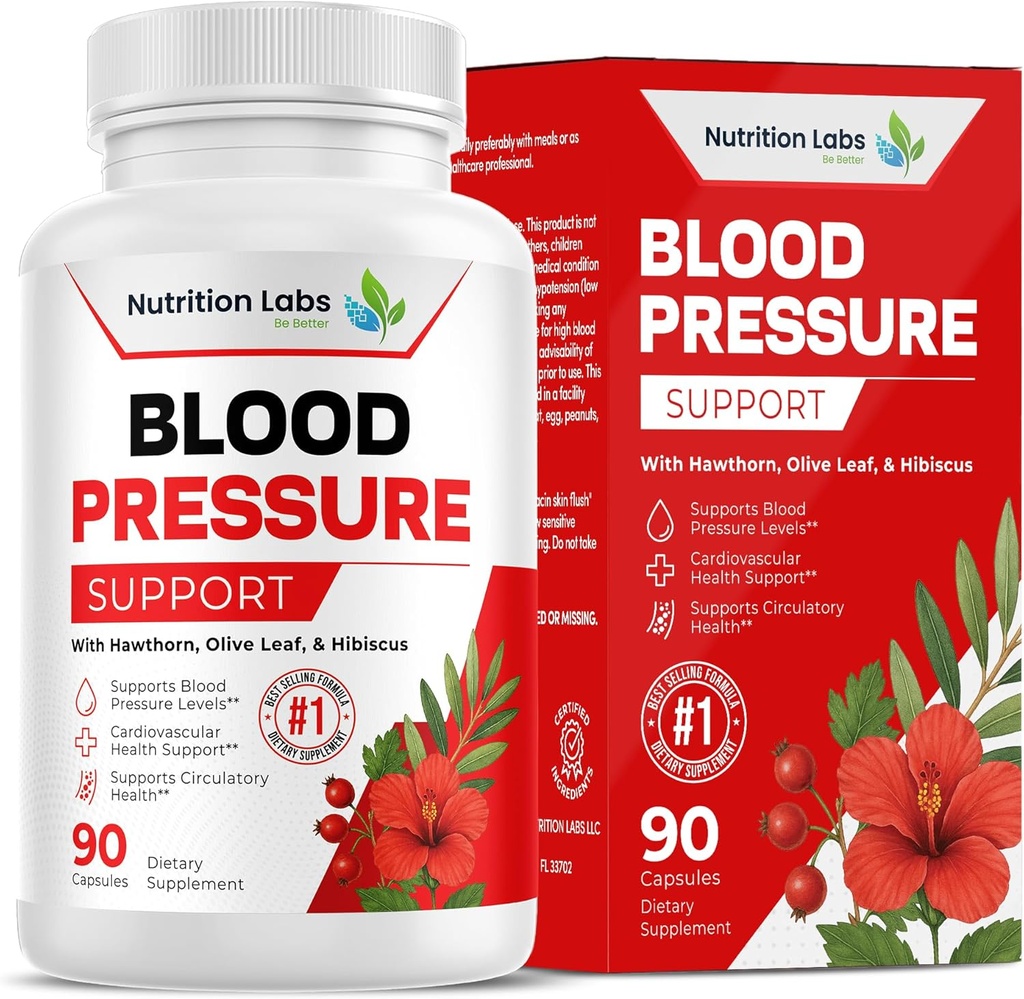 Apoyo a la presión arterial y suplemento cardiovascular W/Hawthorn, Hibiscus - óxido nítrico Apoyo a la presión arterial normal W/Vitamin B12 & ácido fólico - Suplementos ajo - 90 TC