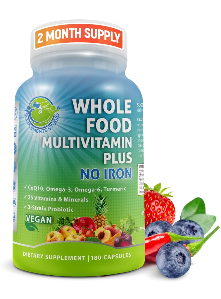 Vegan Whole Food Daily Multivitamin Sin Hierro, Multivitamínico Metilizado para Mujeres y Hombres, Hecho con Frutas & Verduras, B-Complex, Probióticos, Enzimas, CoQ10, Omegas, Turmérico, No GMO, 180 Cuenta