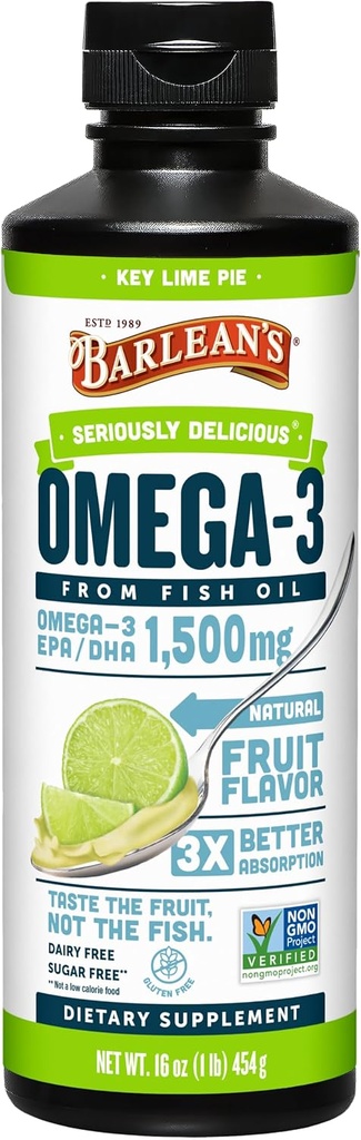 Aceites Ecológicos de Barlean Delicioso Omega-3 Aceite de pescado de alta potencia, Pie de limón clave, 16 Fl Oz