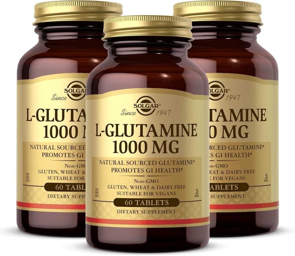 Solgar L-Glutamina 1000 mg, 60 Tabletas (Pack of 3) - Natural Muscle Food - Promotes Gastrointestinal (GI) Health - Supports Brain Health - Non-GMO, Vegan, Gluten Free, Kosher - 90 Total Servings
