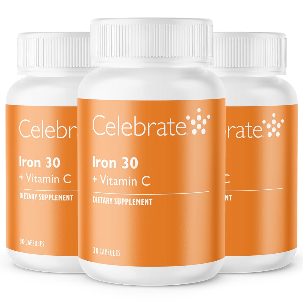 Celebrar vitaminas Suplemento de hierro con vitamina C - 30 mg Hierro, vitamina C de 60 mg, vitaminas barátricas para pacientes de WLS, escledo vertical y cirugía de derivación gástrica – 90 cápsulas