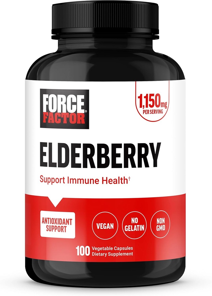 [BRSROAT5AEPRAGYV] FORCE FACTOR Elderberry Capsules, Suplemento de Inmunidad y Antioxidantes Suplemento para hombres y mujeres, Daily Immunity Boost, Vegan, No Gelatin, Non-GMO, 100 cápsulas vegetales