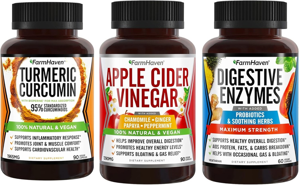 FarmHaven Curcumina Turmérica con BioPerine Black Pepper + Enzimas digestivas con 18 Probióticos + Vinagre de sidra de manzana con madre