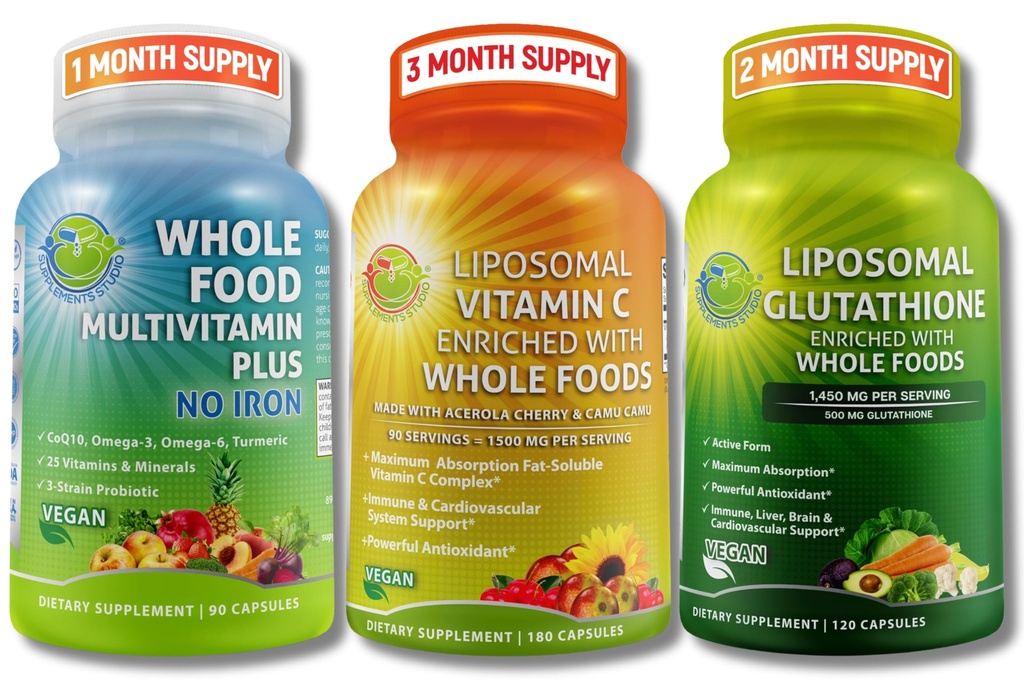 Immune & Daily Wellness Support Bundle for Women & Men – Liposomal Vitamin C 1500mg + Vegan Whole Food Multivitamin No Iron + Liposomal Glutathione 500mg – Vegan, Non-GMO, Clean Daily Wellness Support