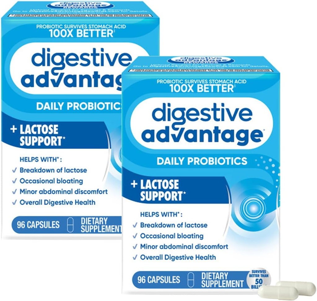 Digestive Advantage Lactose Defense Enzymes + Probiotics for Women & Men Occasional Bloating, Lactose Breakdown, Menor Abdominal Discomfort, Immune Support, 96 Condes Capsules (2 Pack)