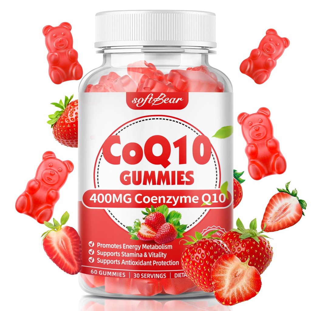 softbear CoQ10 Gummies 400mg Coenzyme Q10 Supplement for Adults, High Absorption coq10 Plus Omega-3, Magnesium, Vitamin B3 & Zinc for Cellular Energy & Antioxidant, Strawberry Flavor 60 Count