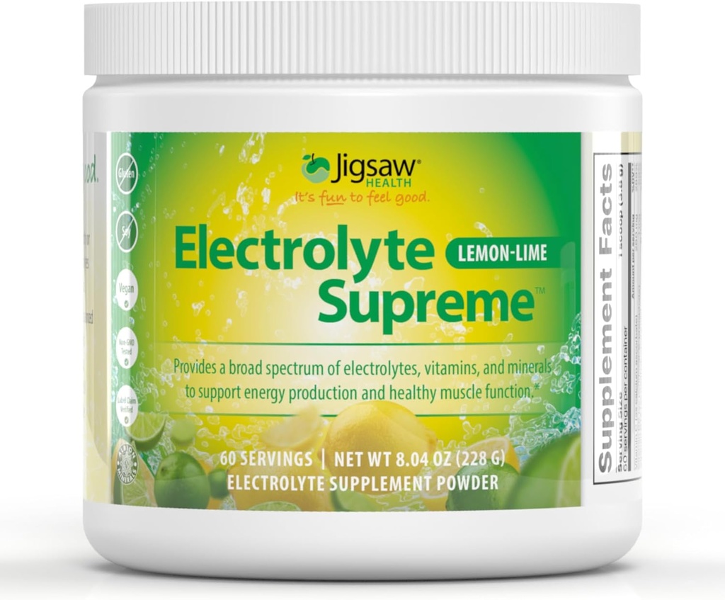 Jigsaw Health Electrolyte Supreme tención Broad Spectrum of Electrolytes + Trace Minerals ← Lemon-Lime Flavor viv 60 Servings (Jar)