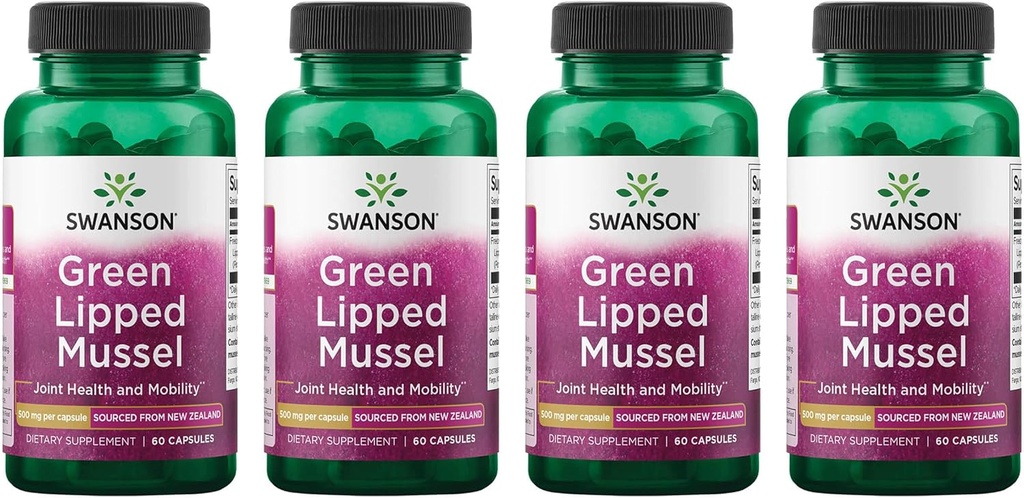 Swanson Green Lipped Mussel (Freeze-Dried) - New Zealand Joint Health & Mobility Supplement - Natural Formula May Support Heart Health & Digestive Function - (60 Capsules, 500 mg cada uno) (4 Pack)
