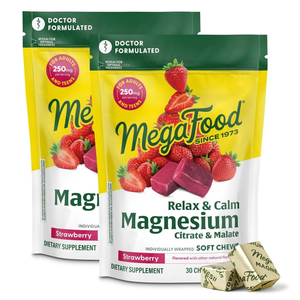 MegaFood Relax + Suplemento de Magnesio Calma - Cerdos suaves con Citrato de Magnesio " Malato para la salud del corazón, tensión muscular " Más - Vegetariano - sabor a fresa - 30 Chews por paquete (2 Pack)