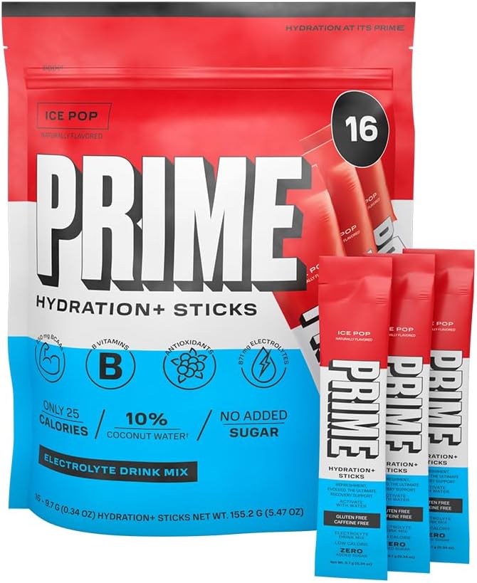 PRIME HYDRATION+ Sticks ICE POP ANTE Hydration Powder Single Serve Sticks ← Electrolyte Powder On The Go TEN Low Sugar TEN Caffeine-Free TEN Vegan TEN 16 Sticks