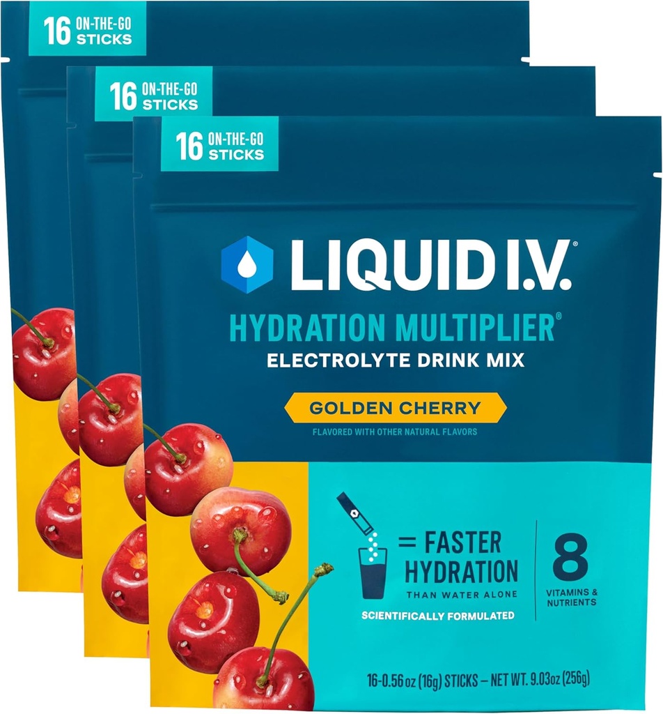 Multiplicador de hidratación I.V.® líquido - Cereza Dorada _ Electrolyte Powder Drink Mix Silencio 3 Pack (48 Serviciones)