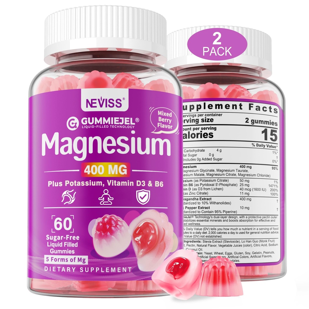 Magnesio sin azúcar Gummies 400mg ← 5-en-1 Magnesio Complejo: Glycinate, Citrate, Malate, Chloride & Taurate Silencio con Ashwagandha, Vitamina D3 &amp; Zinc ← Calm, Mood & Energy Support ← Vegan, 2-Pack