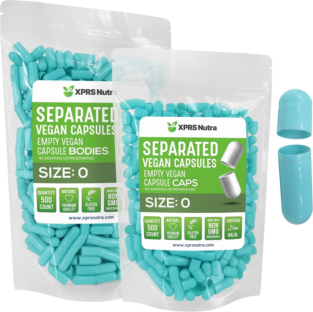 XPRS Nutra Vegan Size 0 Separated Capsules - 500 Count Premium Empty Capsules Separated in Bags - Pills 0 Empty for DIY Supplement Filling (Aqua)