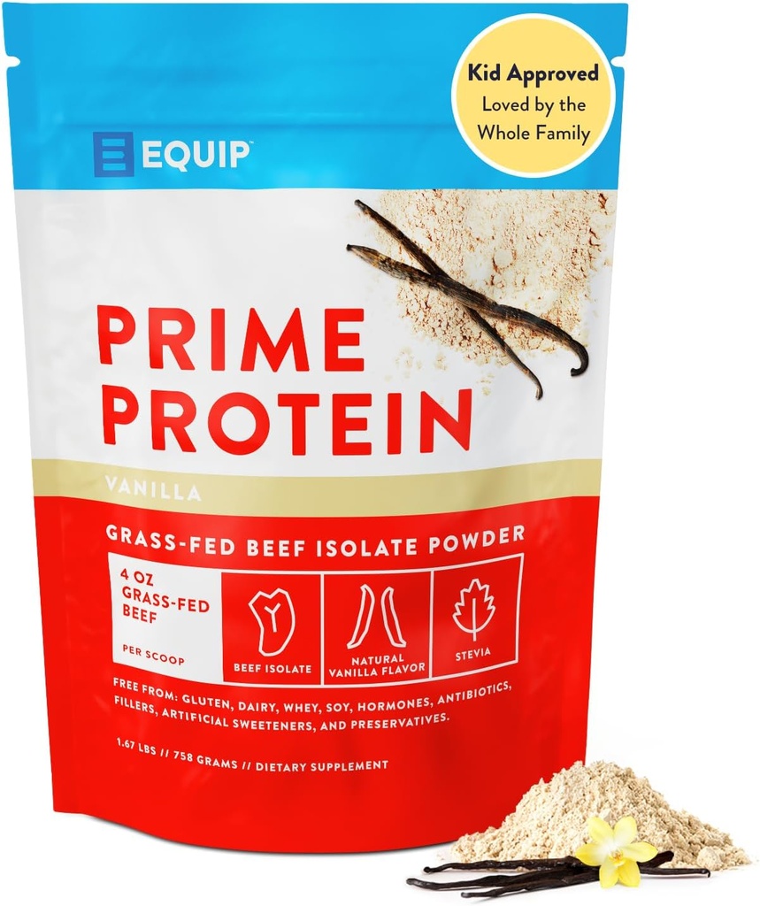 Equip Foods Prime Protein Powder ← Clean, Grass Fed Beef Protein Powder ← Carnivore Protein Isolate ANTE Paleo, Keto Friendly ← Gluten " Dairy Free ← Ayuda a construir " Tisue Reparación ← 30 Servings, Vanilla